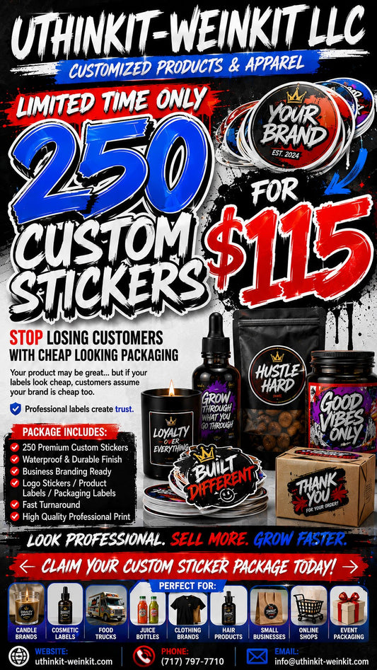 250 Custom Vinyl Logo Stickers, 2x2 Inch