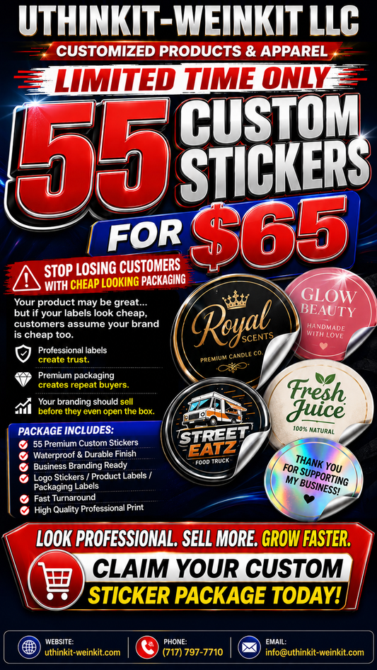 55 Custom Vinyl Logo Stickers, 2x2 in